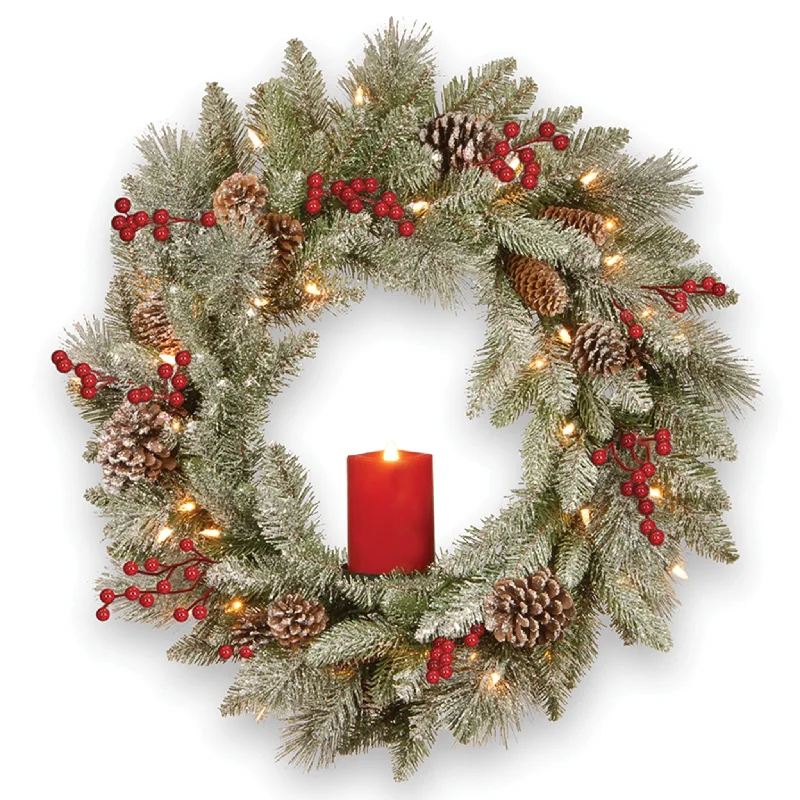 24 in. Pre-Lit Snowy Bristle Berry Wreath with Single Candle