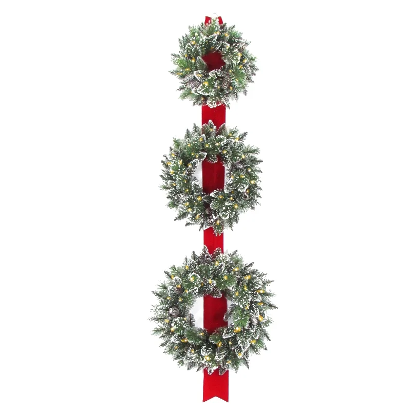 Christmas Tree Farm 26 in. Pre-Lit Glittery Bristle Triple Wreath with LED Lights
