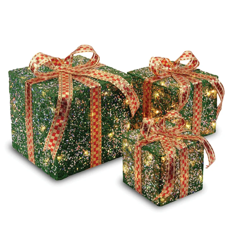 Pre-Lit Green and Gold Gift Boxes, Set of Three, White Lights