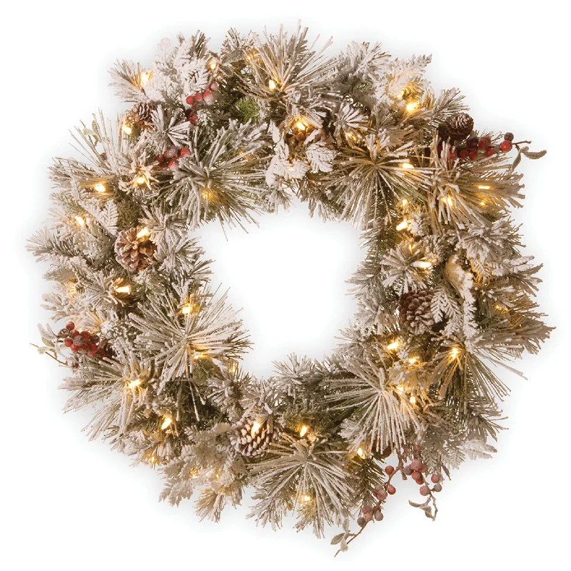 30 in. Pre-Lit Snowy Bedford Pine Wreath with LED Lights