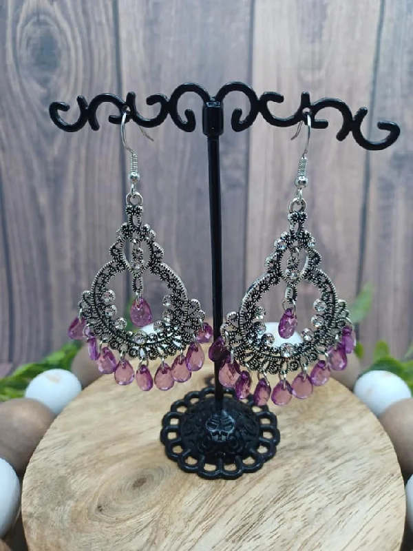 Antiqued Silver Filigree Designed Earrings w/ Purple Beading