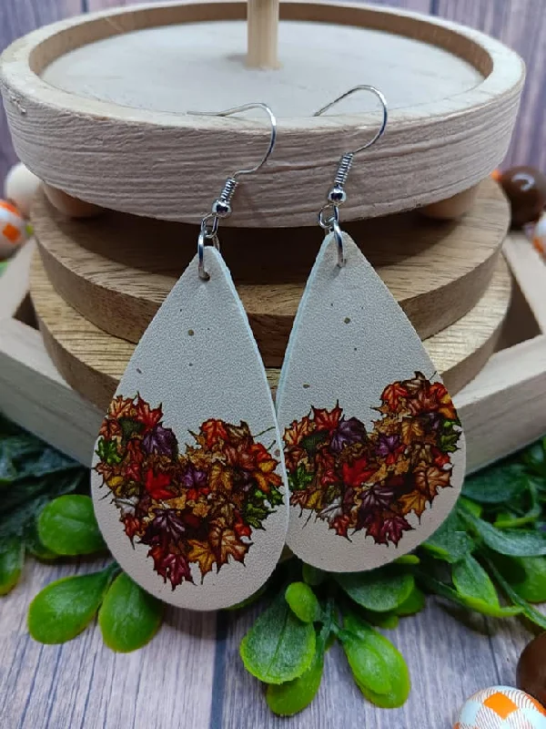 Autumn Themed Heart Leather Style Earrings w/ Leaves