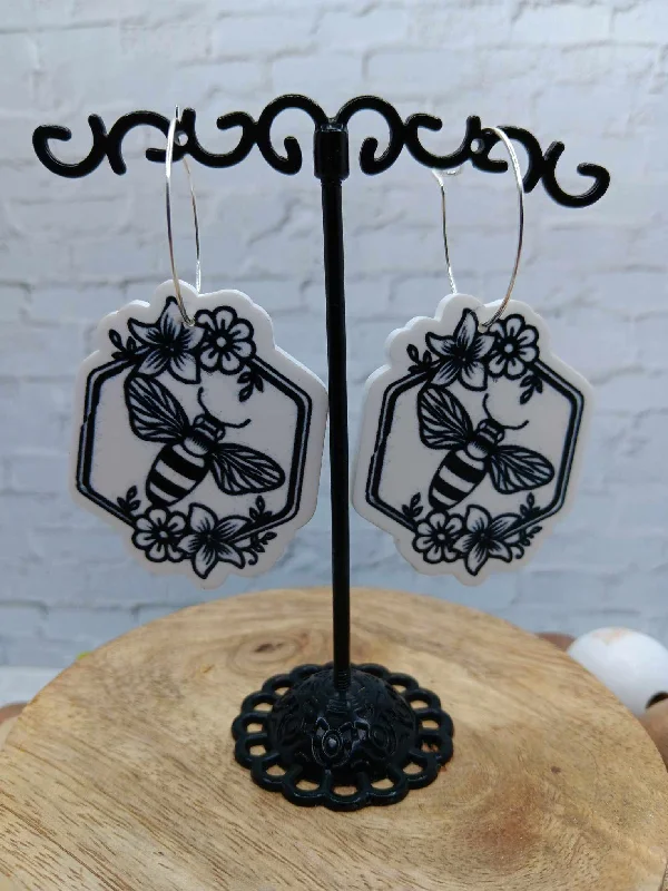 Black & White Bee Design Earrings