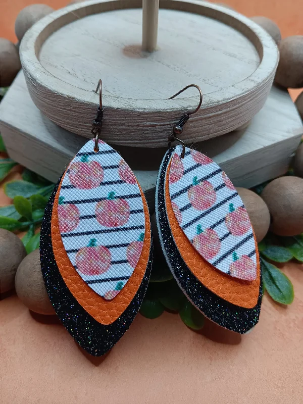 Black & White Striped Triple Layered Earrings w/ Pumpkins