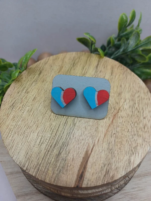 Christmas Gift Wrapping Ideas Blue & Red Wooden Heart Earrings