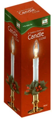 Christmas Candle, Battery-Operated, Clear Flame, White/Brass, 9-In.