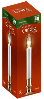 Christmas Candle, Electric, Clear Flame, White/Brass, 9-In.