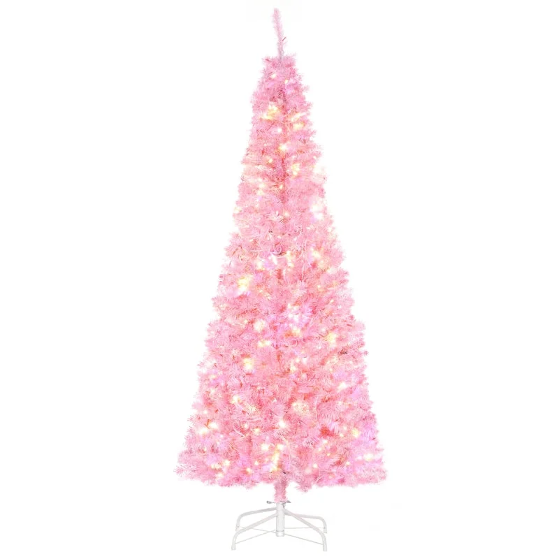 HOMCOM Christmas Tree Slim Pink 6' with 300 Warm White LED Lights