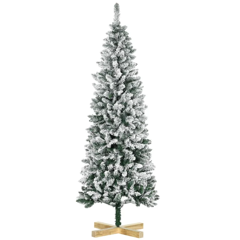 HOMCOM Christmas Tree Snow Flocked Slim 6' with Pinewood Base