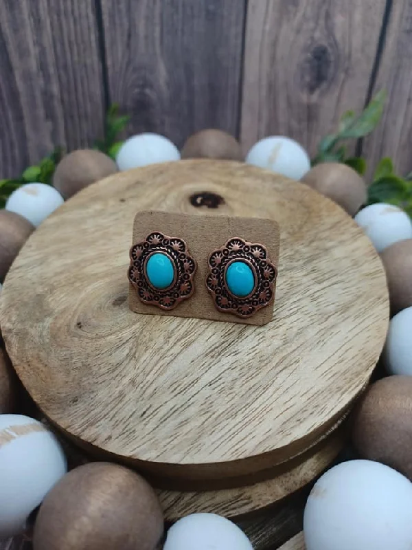 Copper Floral Design Earrings w/ Turquoise Crackle Stone Center