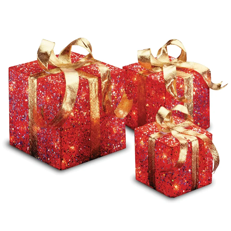 Pre-Lit Red Gift Box with Gold Bow, Set of Three, White Lights