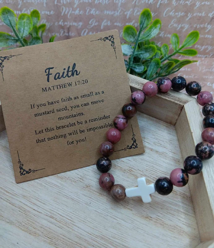 Dark Pink & Dark Grey Beaded Bracelet w/ White Cross Bead