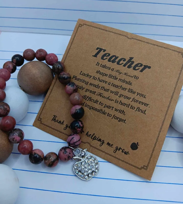 Dark Pink & Dark Grey Marbled Bracelet w/ Rhinestone Apple Charm