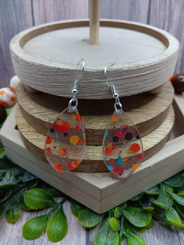 Fall Patterned Acrylic Earrings w/ Red Tractor & Leaves