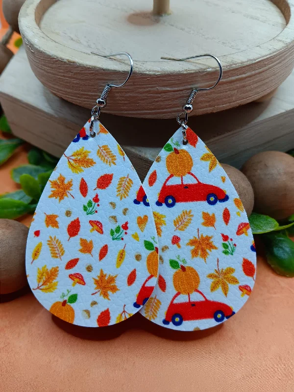 Fall Patterned Earrings w/ Leaves & Red Car