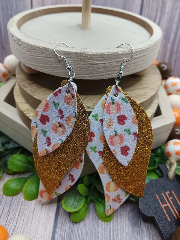 Fall Themed Triple Layered Glitter Earrings w/ Pumpkins