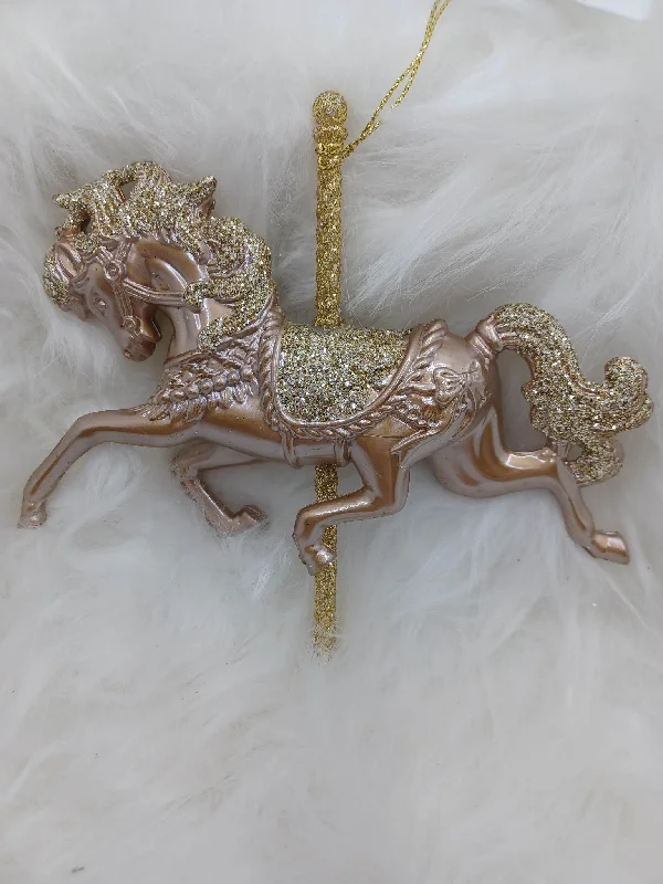 Christmas Pine Garland Gold Glittered Merry Go Round Horse Ornament
