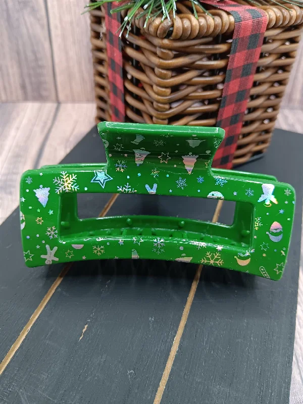 Green Christmas Patterned Hair Claw Clip