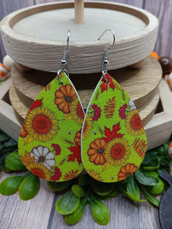 Green Fall Patterned Earrings w/ Pumpkins & Flowers