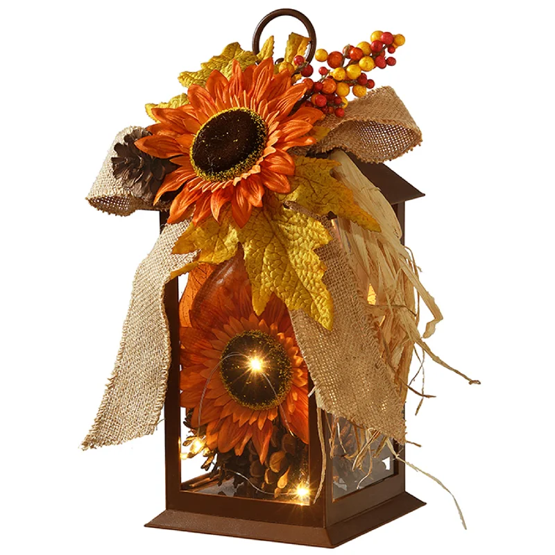 Harvest Lantern with LED Lights, Filled with Sunflower Blooms, Leaves, Pinecones, Berry Clusters, 12 inches