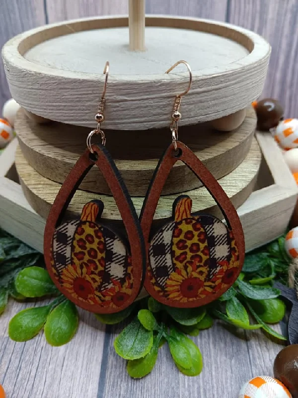 Leopard & Plaid Pumpkin Wooden Earrings