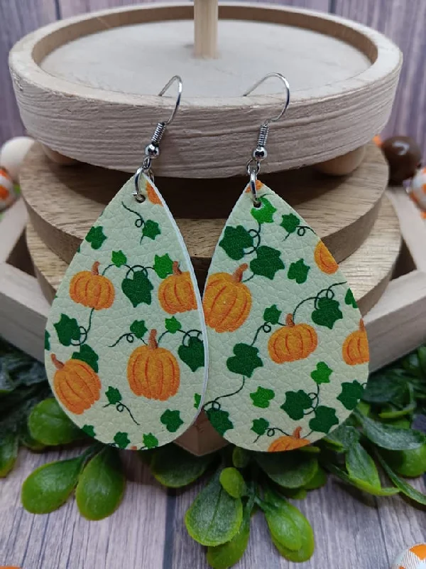 Light Green Fall Patterned Earrings w/ Pumpkins & Vinery