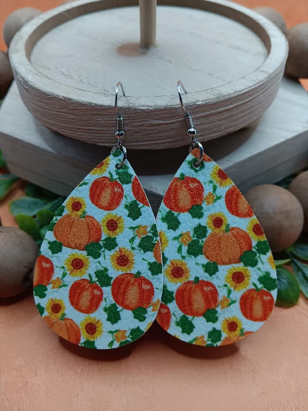 Light Green Fall Patterned Earrings w/ Pumpkins & Vinery