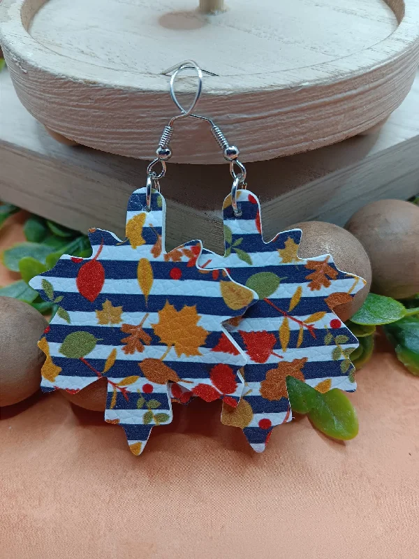 Navy & White Striped Autumn Leaves Patterned Earrings