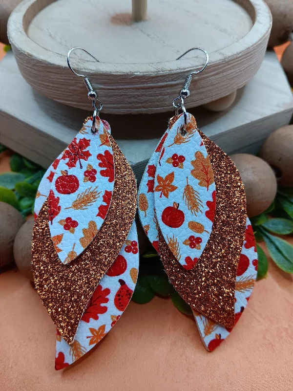 Orange Glitter Triple Layered Fall Patterned Earrings w/ Leaves