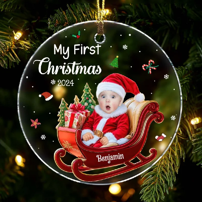 Personalized Baby 1st Christmas Custom Photo Adorable Little Santa Acrylic Circle Ornament 36103