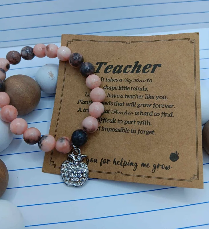 Pink & Dark Grey Marbled Bracelet w/ Apple Rhinestone Charm