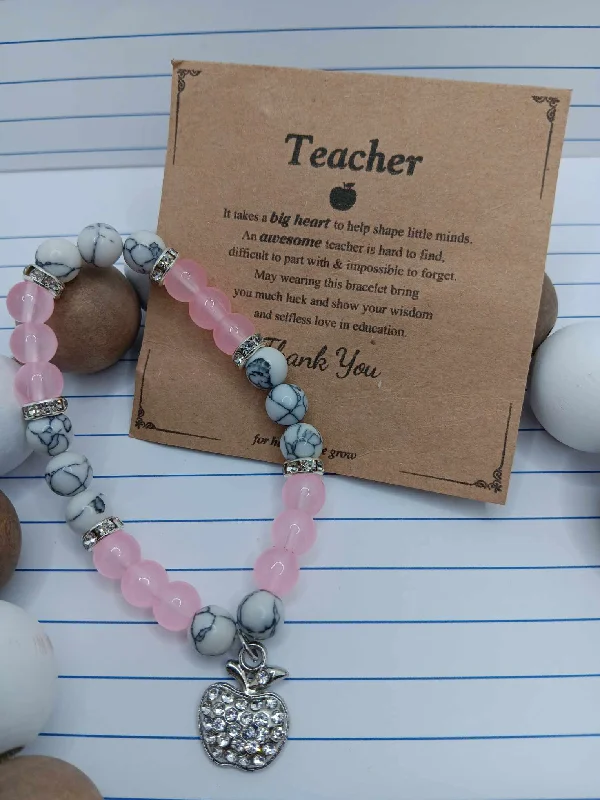 Pink & White/Grey Marble Beaded Bracelet w/ Rhinestone Apple Charm