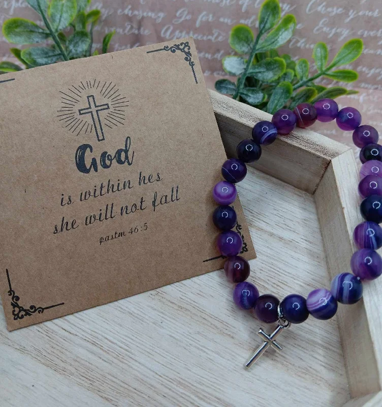 Purple Beaded Bracelet w/ Cross Charm