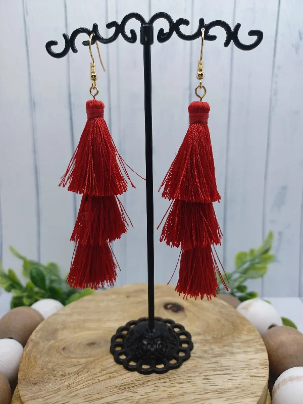 Red Triple Tassel Earrings