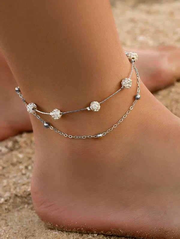 Christmas Holly Leaves Silver Double Layered Bracelet/Anklet w/ Rhinestones