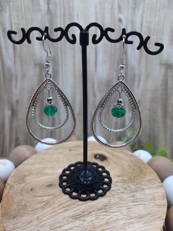 Silver Double Teardrop Earrings w/ Emerald Green Beaded Accent