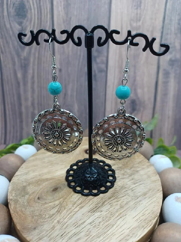 Silver Floral Design Earrings w/ Turquoise Crackle Stone Beading