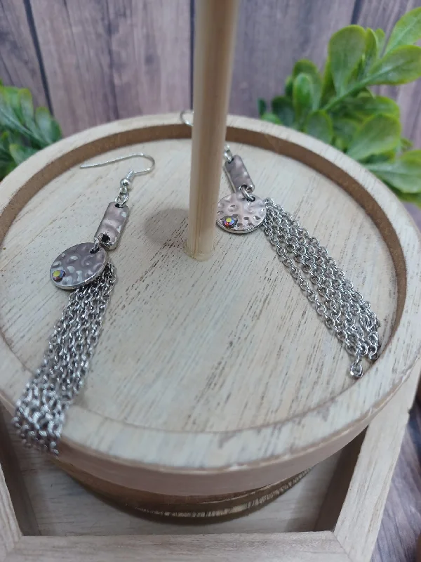 Christmas Mistletoe Kiss Silver Tassel Earrings w/ Textured Circle w/ Mermaid Rhinestone