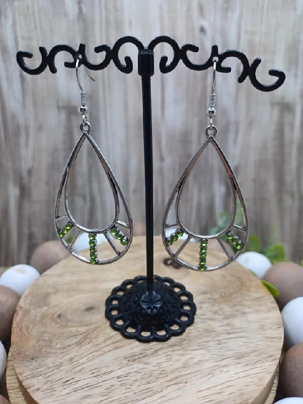 Silver Teardrop Earrings w/ Light Green Rhinestones