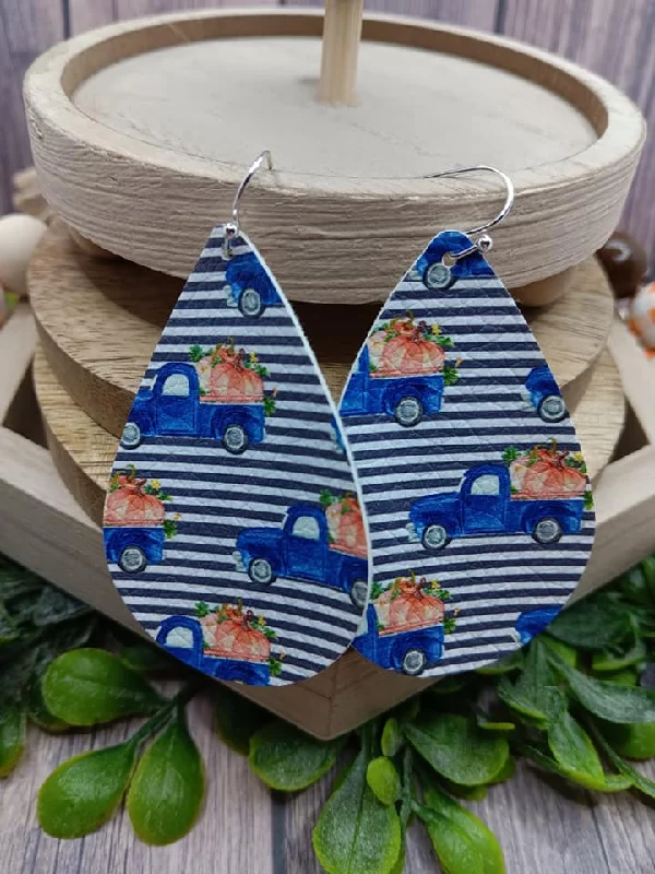 Striped Earrings w/ Blue Truck & Pumpkins