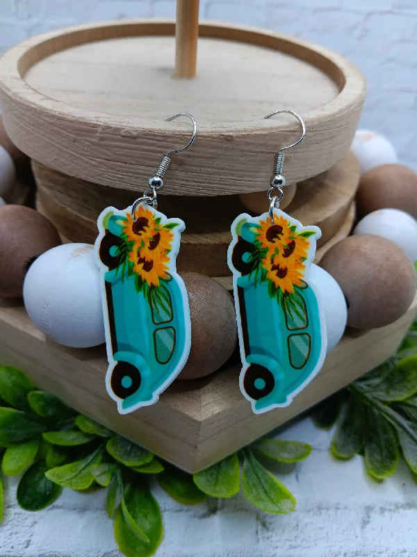 Teal Car Earrings w/ Sunflowers