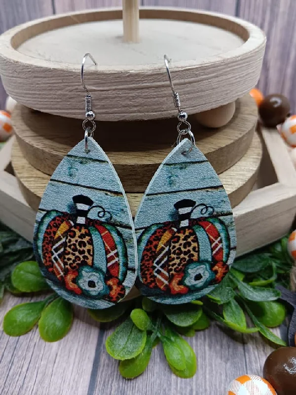 Teal Striped & Patterned Pumpkin Earrings