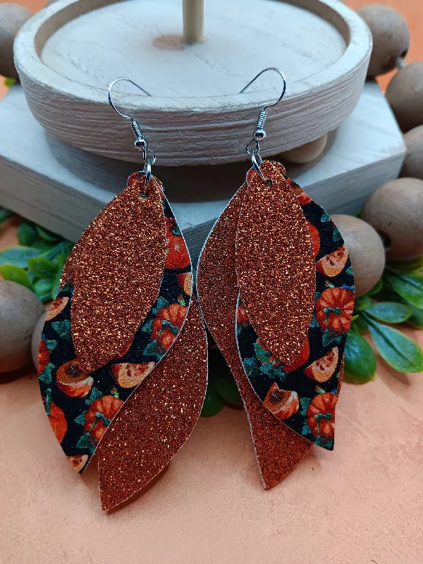 Triple Layered Orange Pumpkin Glitter Earrings