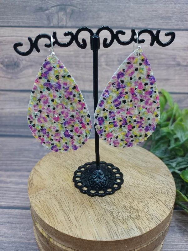 Christmas Holiday Spirit White Leather Style Earrings w/ Purple, Green, & Yellow Glitter