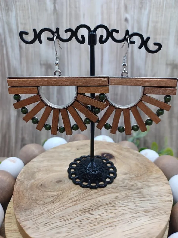 Wooden Fan Style Earrings w/ Green Beading