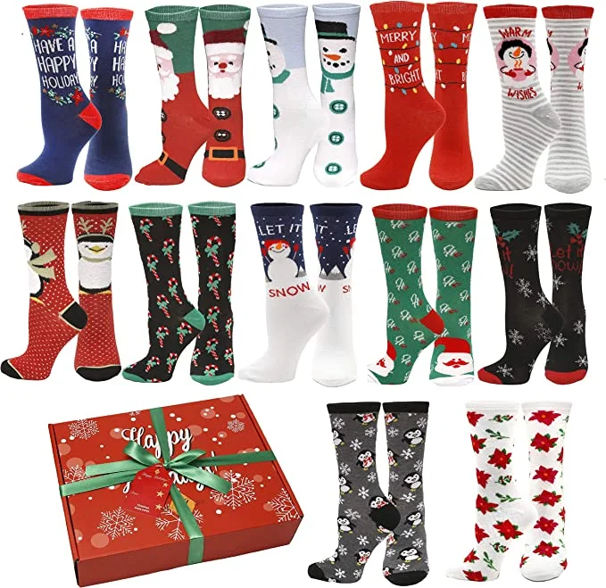 12 Pair, Holiday X-Mas Socks, 12 Different Designs, Christmas Size 9-11