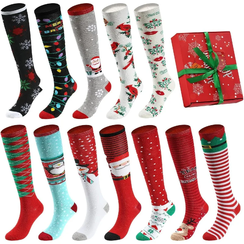 12 Pair Knee High Christmas Socks – Festive Holiday X-Mas Socks – Perfect for Women & Teens