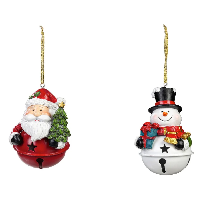 Polyresin Holiday Icons on Bells Ornament, 2 Asst: Santa/Snowman,3otr141