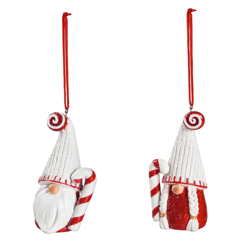 Polyresin Holiday Gnome with Candy Cane Ornament, 2 Asst,3otr146