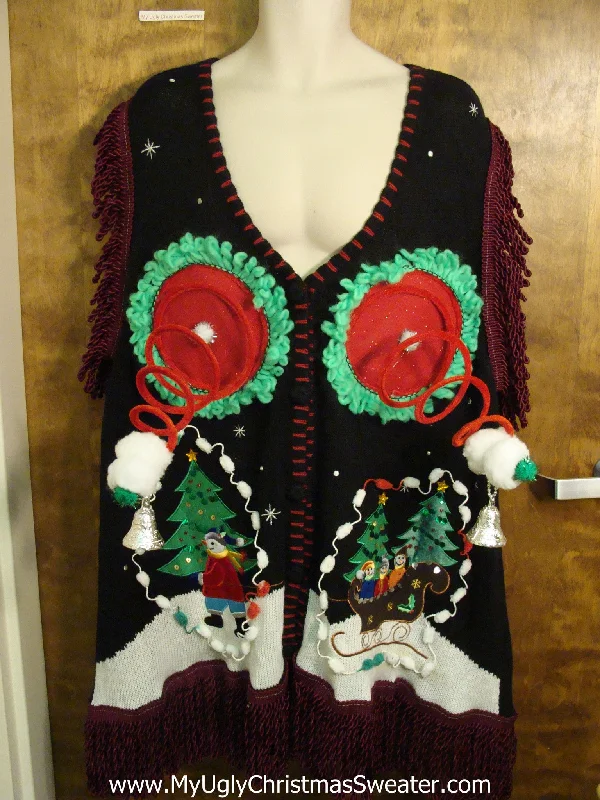 Christmas Classic Music BEST Naughty Ugly Christmas Sweater Vest with Fringe on Arms